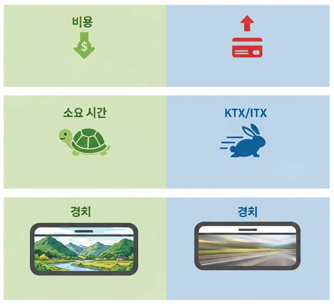 관광열차 KTX ITX 비용과 소요시간 비교 분석